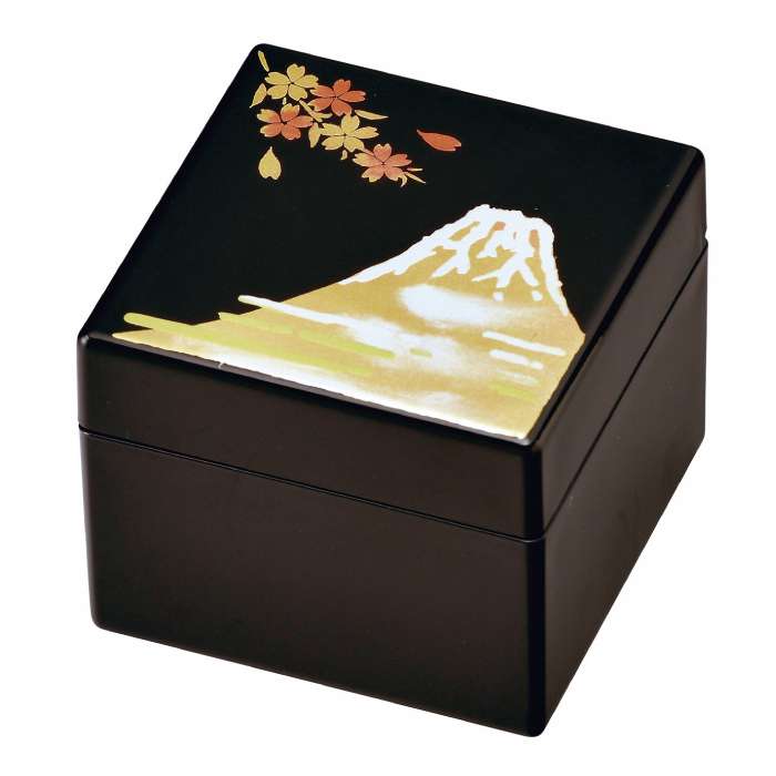 [20-16-11] 黒 ミニオルゴール宝石箱 富士山 内布貼り*